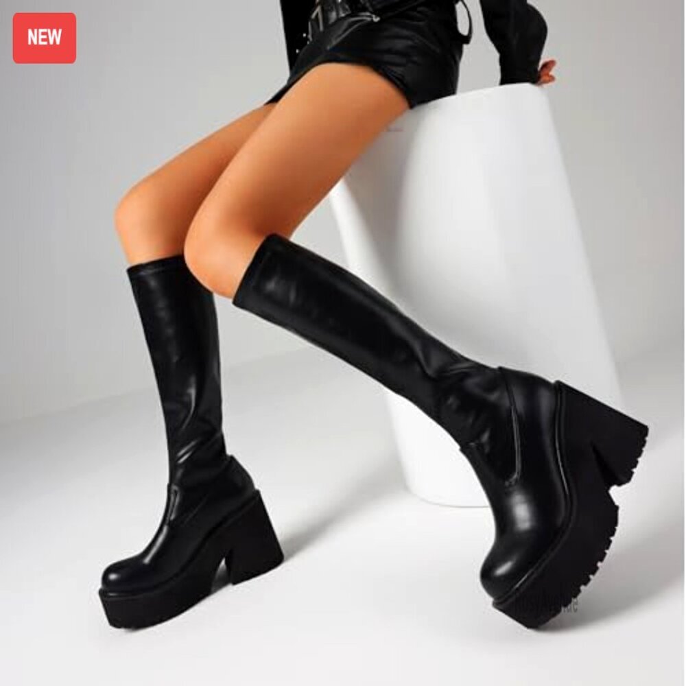 Women's Knee High Platform Boots with Chunky Heel, Zipper & Elastic Leather - Picture 3 of 7